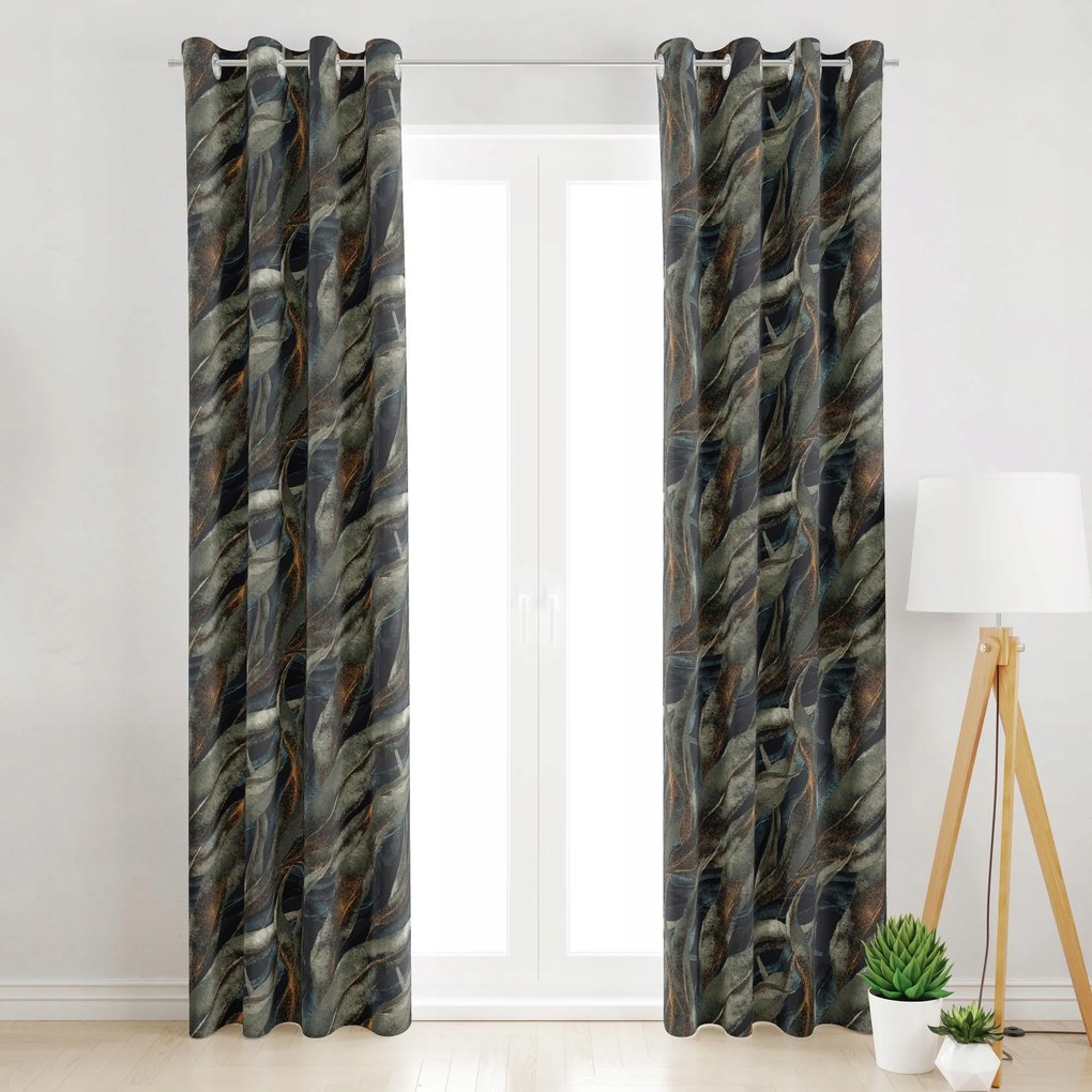 Velvet Függöny Átvezetőkkel Zöld Mintás 145x160