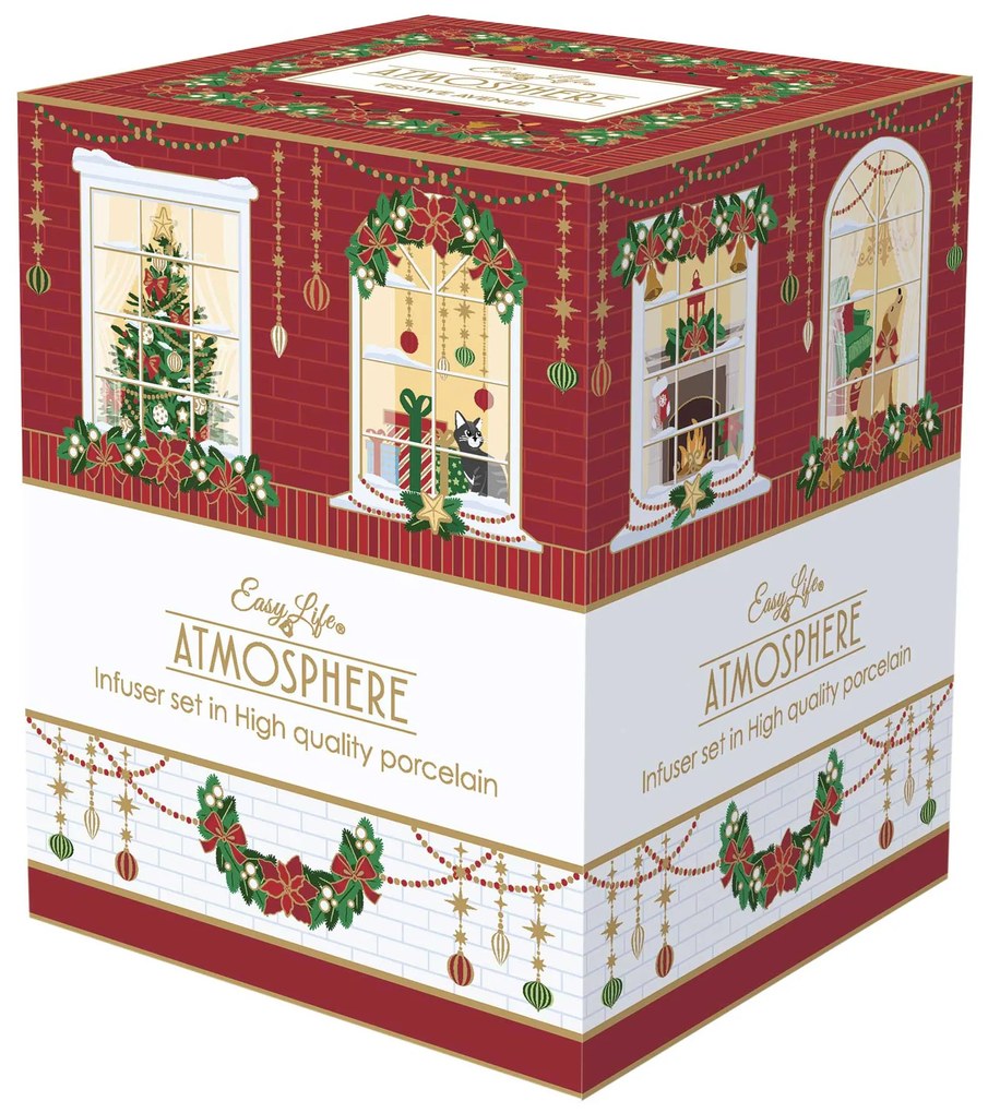 Karácsonyi porcelán teás bögre fém szűrővel díszdobozban Festive Avenue