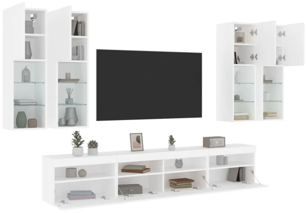 7 darabos fehér falra szerelhető TV-szekrényszett LED-ekkel
