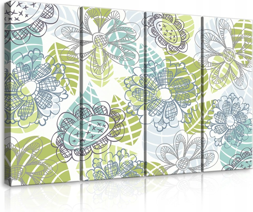 Vászonkép 120x80 moduláris triptichon virágok levelek absztrakt modern türkiz