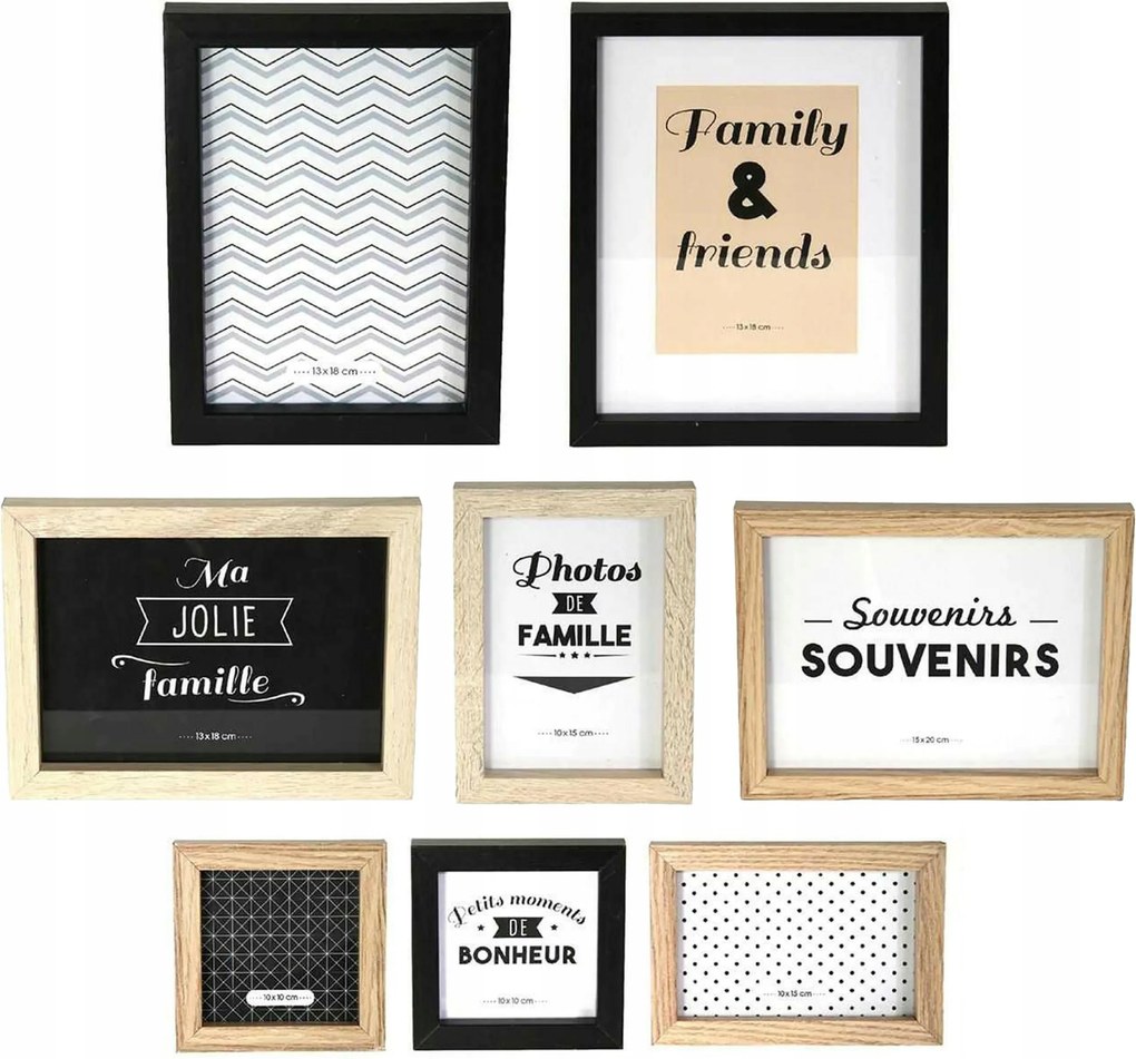 8 db-os képkeret szett Fino fehér fekete fa mdf Loft fotókeret Boho