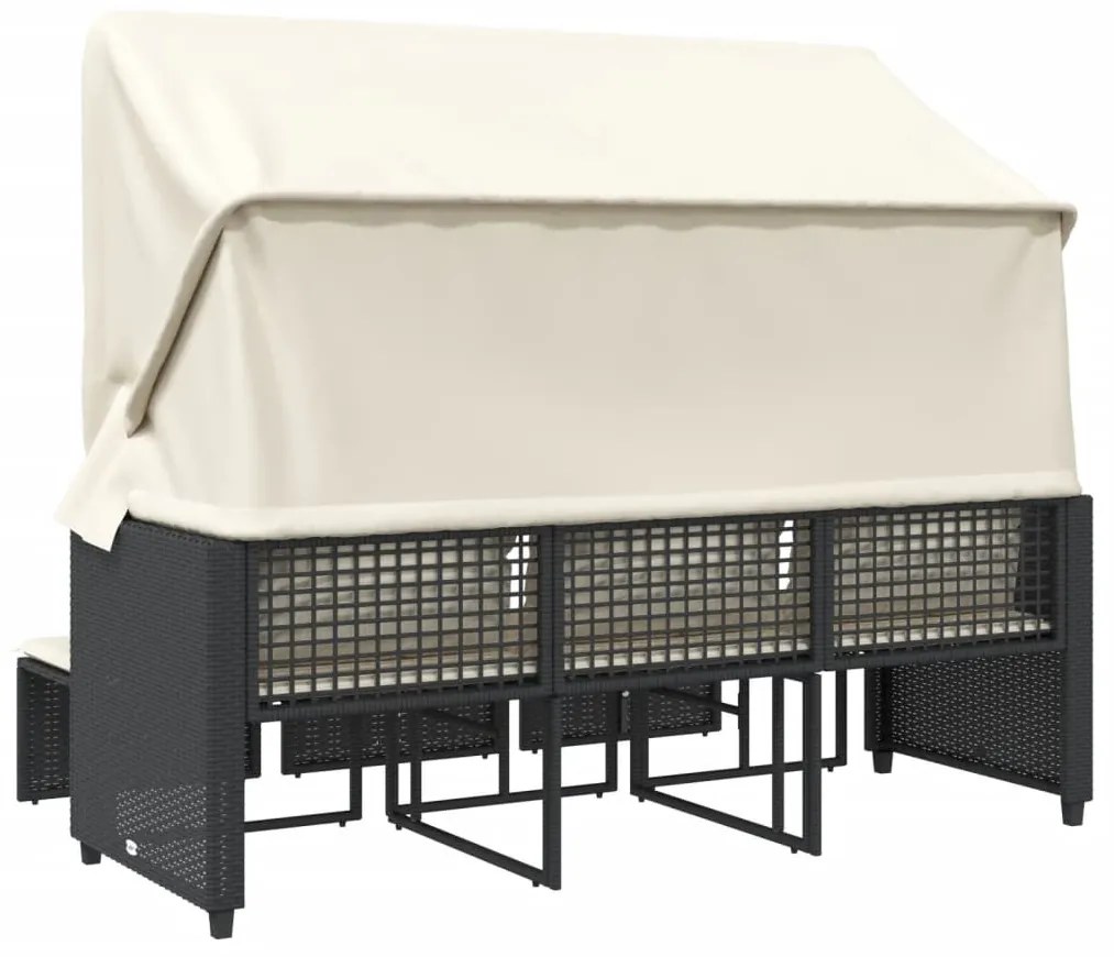 3 személyes fekete polyrattan kerti kanapé baldachinnal/székkel