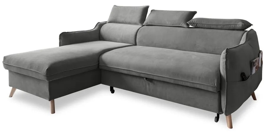 Világosszürke bársony kinyitható sarokkanapé (bal oldali) Sweet Harmony – Miuform