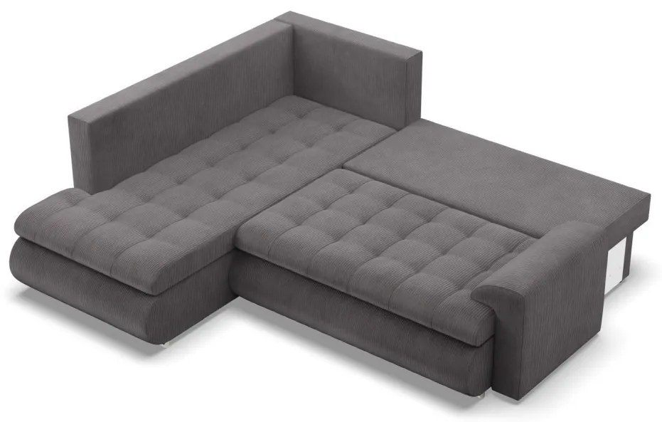 Tokio sarokkanapé, L alakú háttámlával, 2 ágyneműtartóval, kordbársony, baloldali, szürke