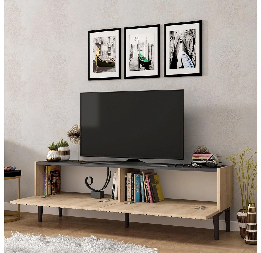 TV asztal/szekrény Tomune 4 (zafír tölgy + fekete márvány). Akció -23%. 1095231