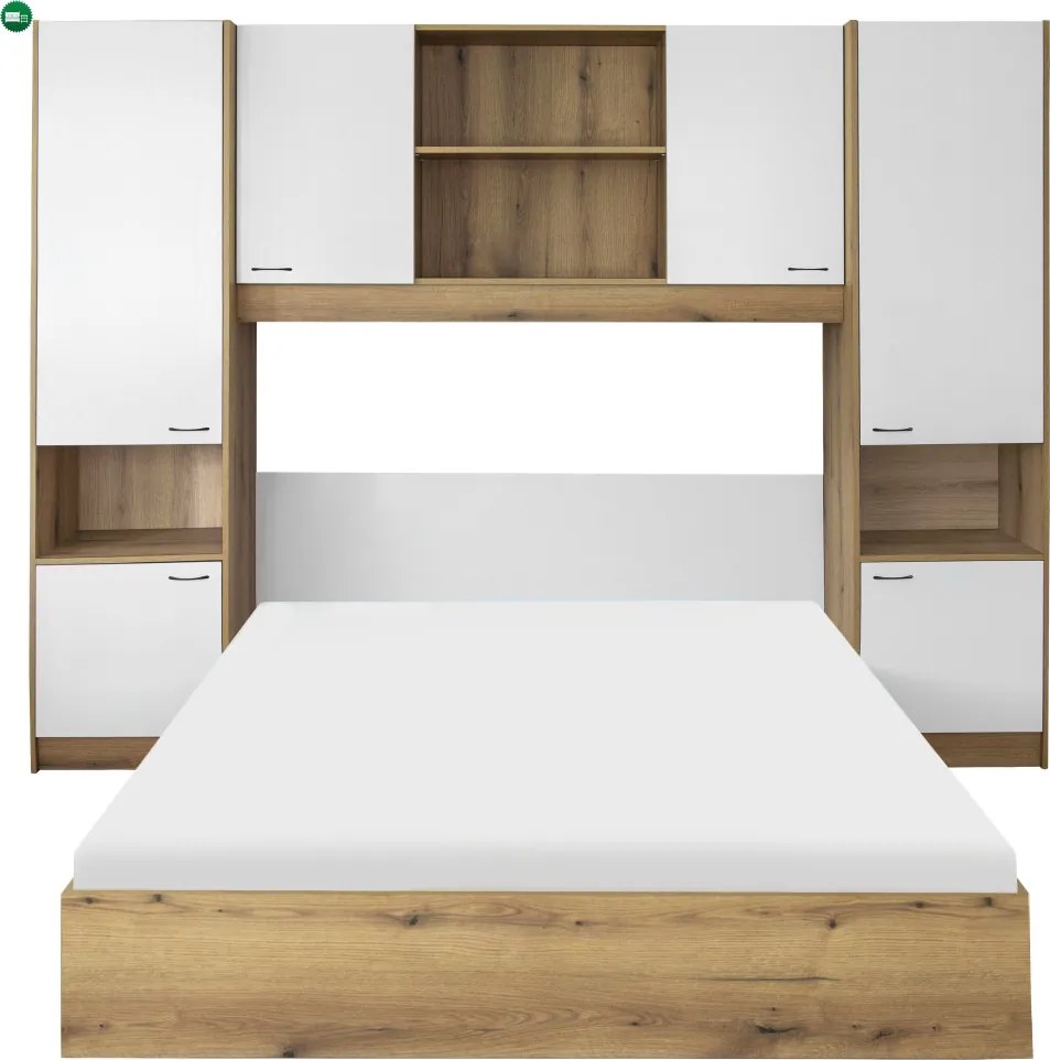 Ágy felépítménnyel, 160x200, fehér magasfényű HG, MILAGA