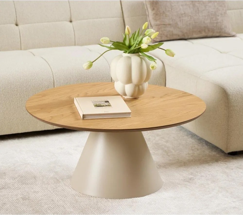 Krémszínű-natúr színű kerek dohányzóasztal tölgyfa dekoros asztallappal ø 85 cm Soli – Actona