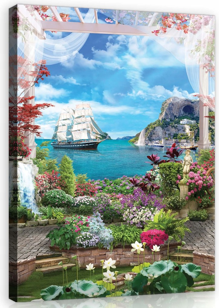 Vászonkép 60x80 Tengeri táj virágzó kert kék tenger vitorlás sziget