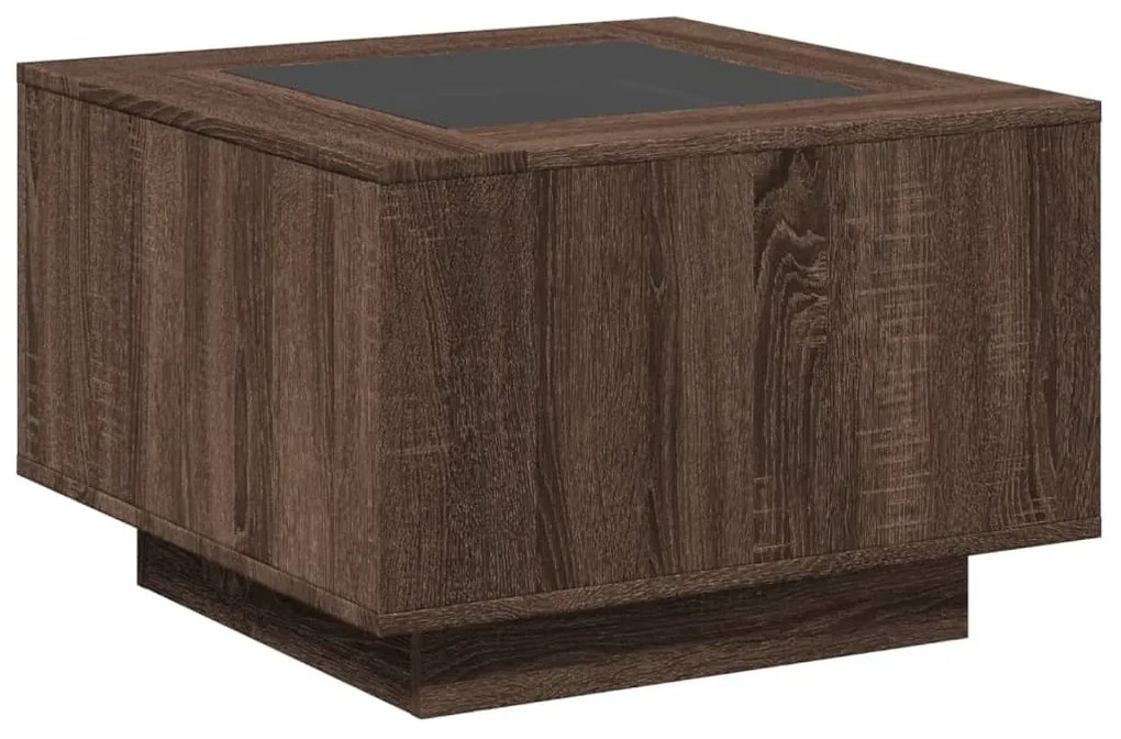 barna tölgy szerelt fa dohányzóasztal LED-del 60 x 60 x 40 cm