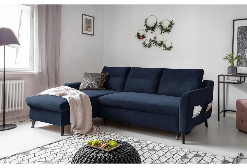 Stylish Stan sötétkék kinyitható bársony sarokkanapé, bal oldali - Miuform