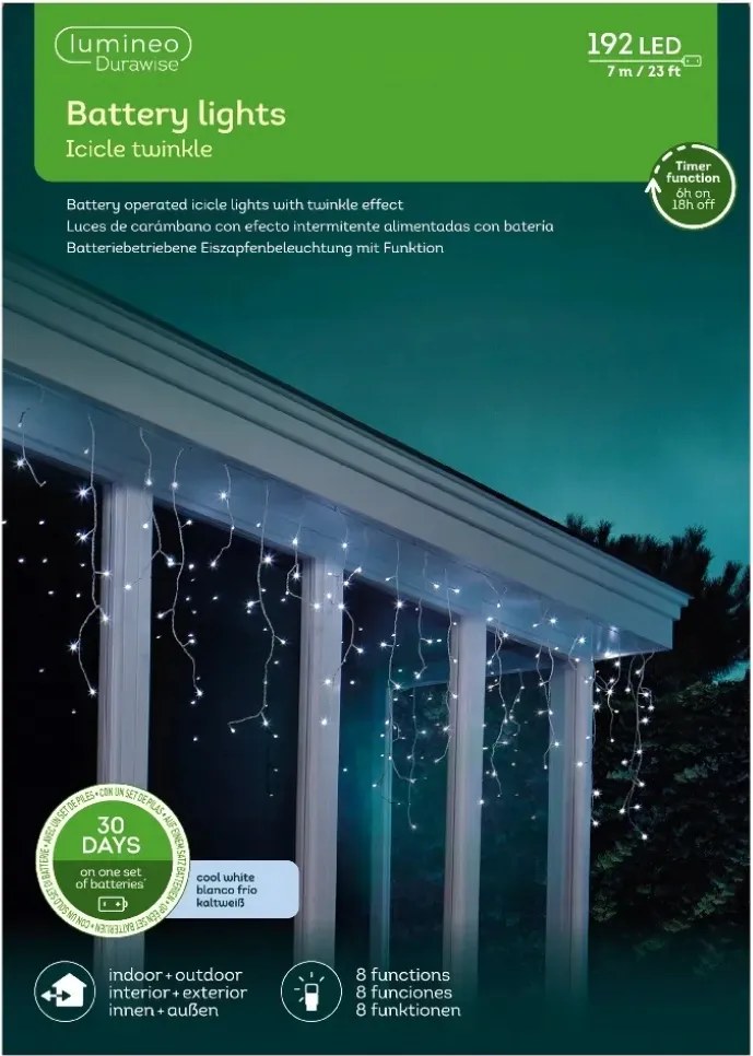 Jégcsap Lámpák Függöny 192 Led kültéri Hideg fehér épület Akkumulátor 7m