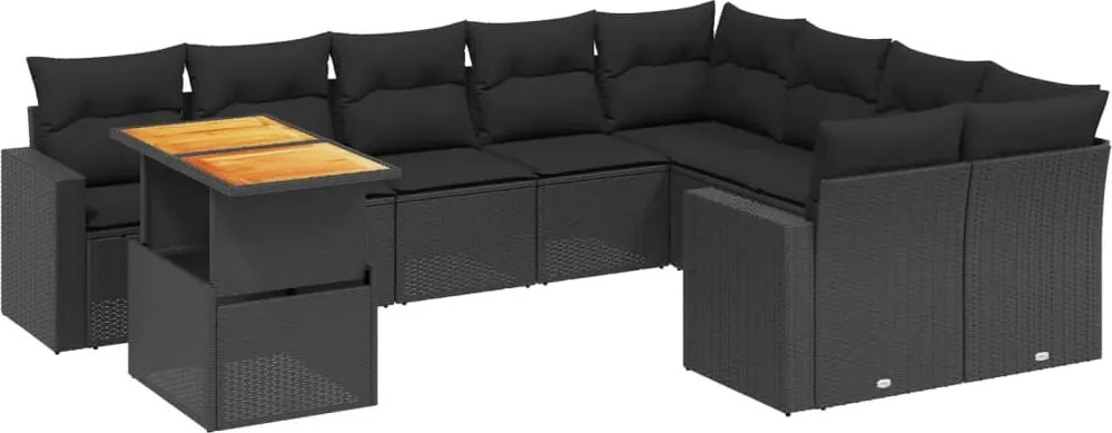 vidaXL 10 részes fekete polyrattan kerti ülőgarnitúra párnákkal