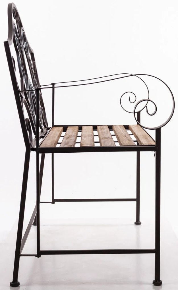 Kovácsoltvas jellegű barna fekete fémvázas kerti pad fa lécekkel 96x108x53cm