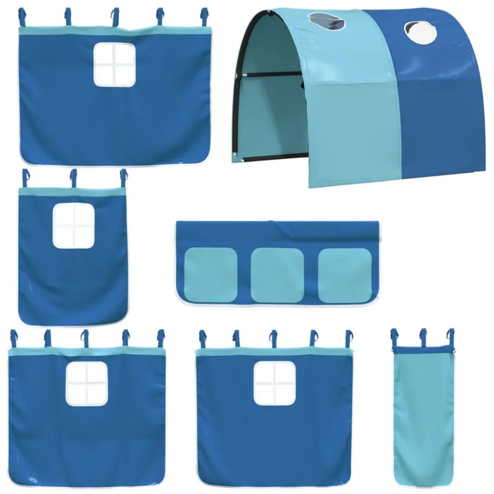 kék tömör fenyőfa gyerek galériaágy alagúttal 90 x 190 cm