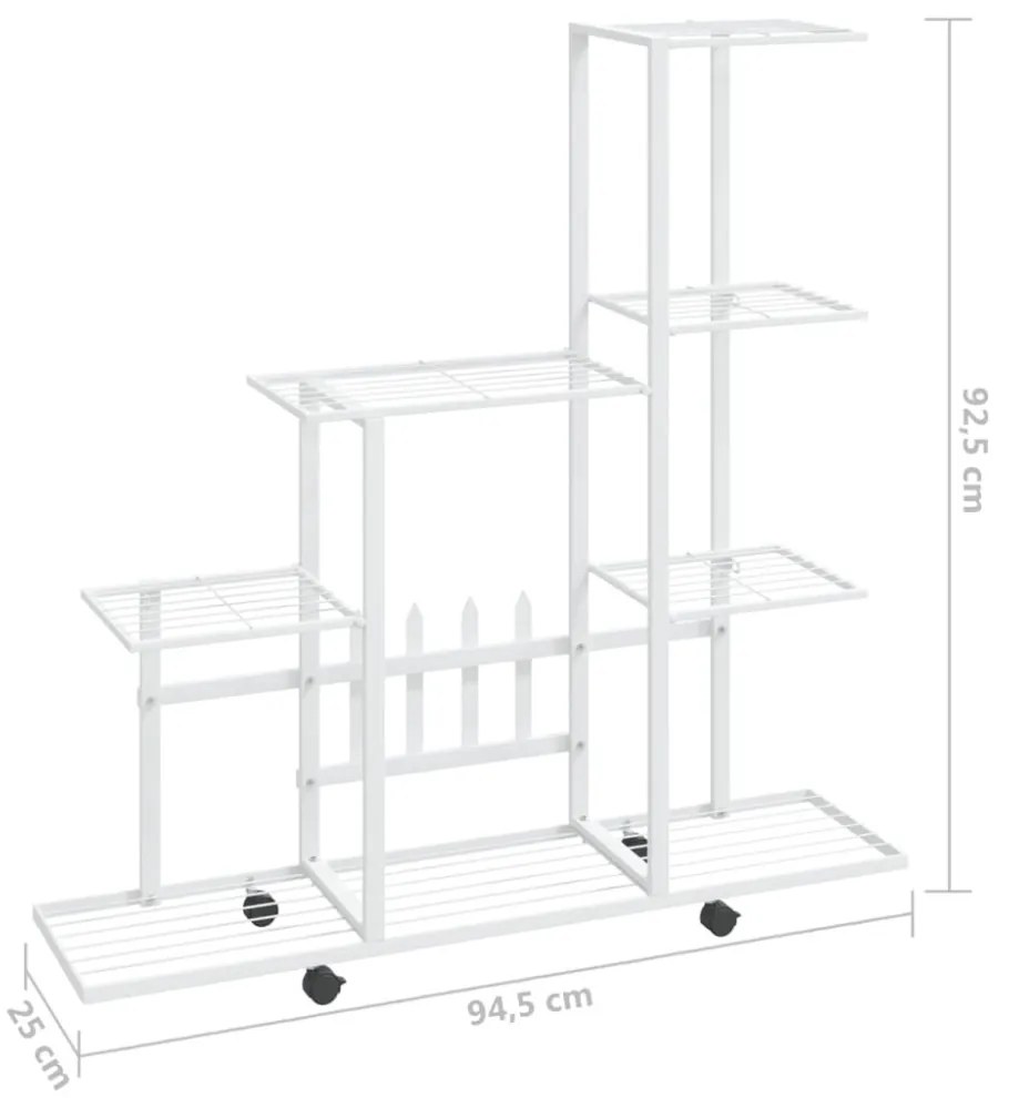 fehér acél virágtartó állvány kerékkel 94,5 x 25 x 92,5 cm