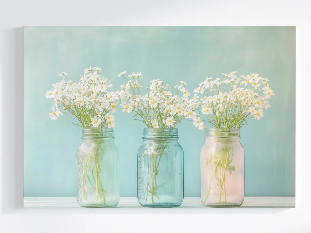 Vászonkép Canvas Dekoráció Színes Befőttesüvegek Fehér Virágok Tavasz 120x80