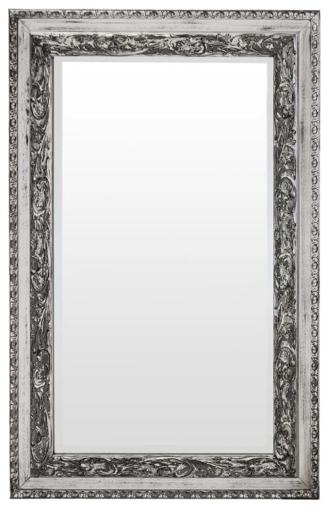 Téglalap alapú élcsiszolt szelíden faragott koptatott vintage ezüst fa keretben 115x75x5cm