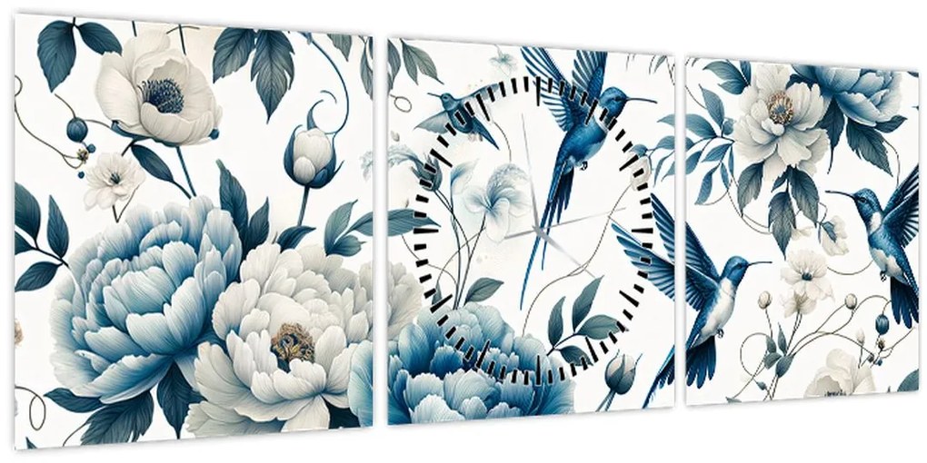 Kép - Kolibrikok virágokkal (órával) (90x30 cm)