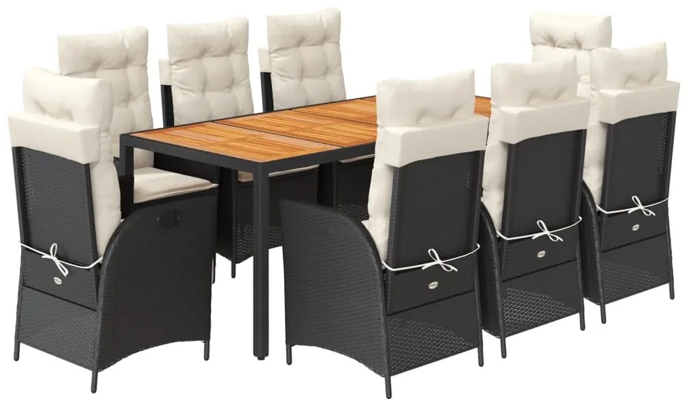 9 részes fekete polyrattan kerti étkezőgarnitúra párnákkal