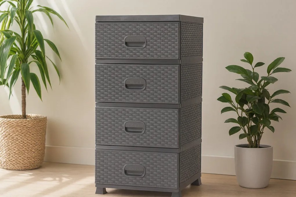 Rattanhatású Műanyag 4 fiókos Komód 38 x 45 x 90 cm