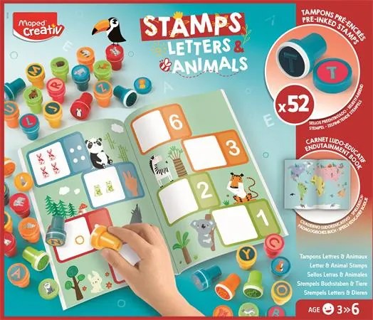 Nyomdázó készlet, foglalkoztató füzettel, betűk és állatok, MAPED CREATIV Stamps (IMAC907060)
