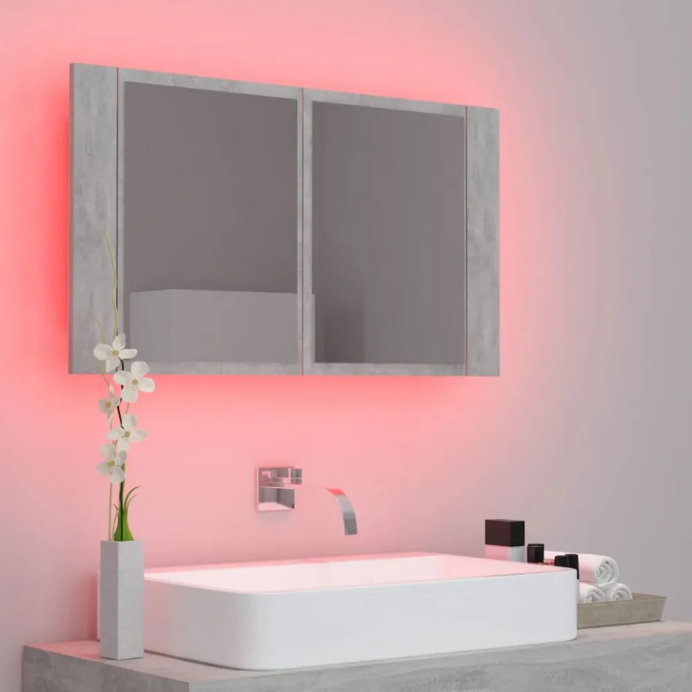 betonszürke akril LED-es tükrös fürdőszobaszekrény 80x12x45 cm