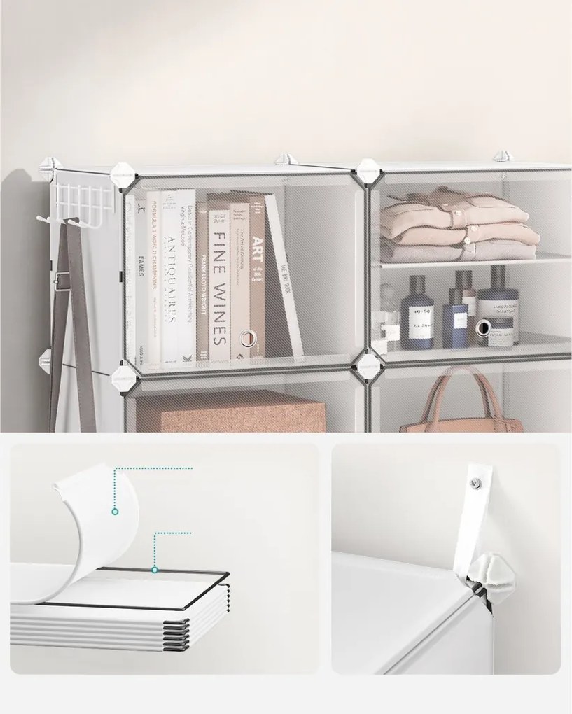 Cipőtartó, 8 rekeszes, ajtókkal, 32 pár cipőhöz, acélkeret, műanyag panel, fehér