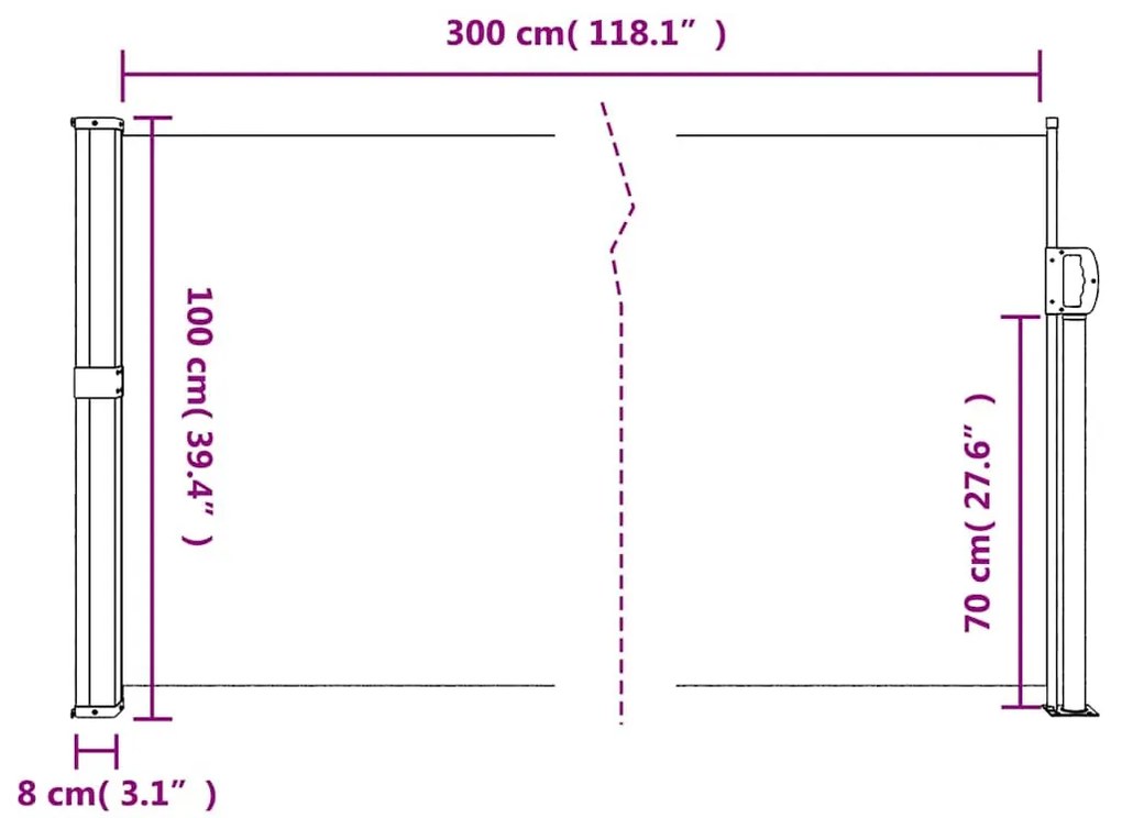 antracitszürke behúzható oldalsó napellenző 100 x 300 cm