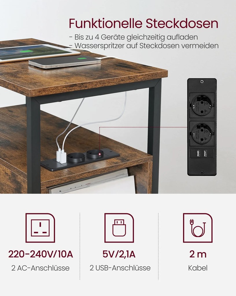 Oldalasztal, éjjeliszekrény beépített elosztóval barna és fekete színben