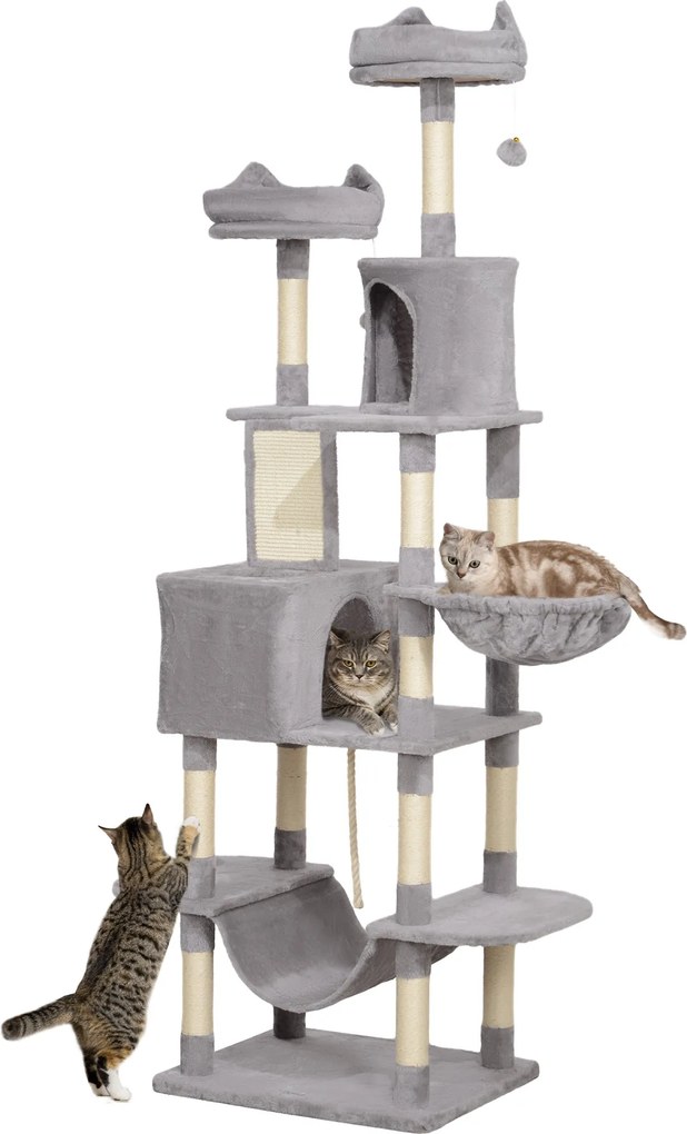 PawHut Macska Kaparóoszlop Nagy Magasság 206 cm Macska Fa Szárnyakkal, Barlangokkal, Függő Labdákkal és Hintaágyakkal Világosszürke | Aosom
