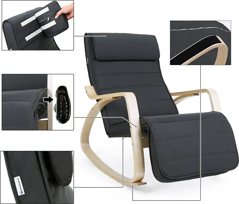 Hintaszék, relaxációs szék, 5 fokban állítható lábtartó, váz masszív nyírfából