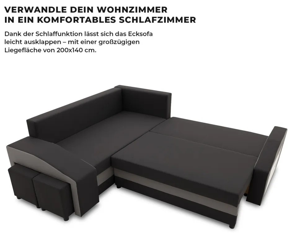 Grande sarokkanapé polcokkal és puffokkal , polc a jobb karfaban puffok a bal karfaban, baloldali, szövet anyag, bonell töltet, fekete - szürke