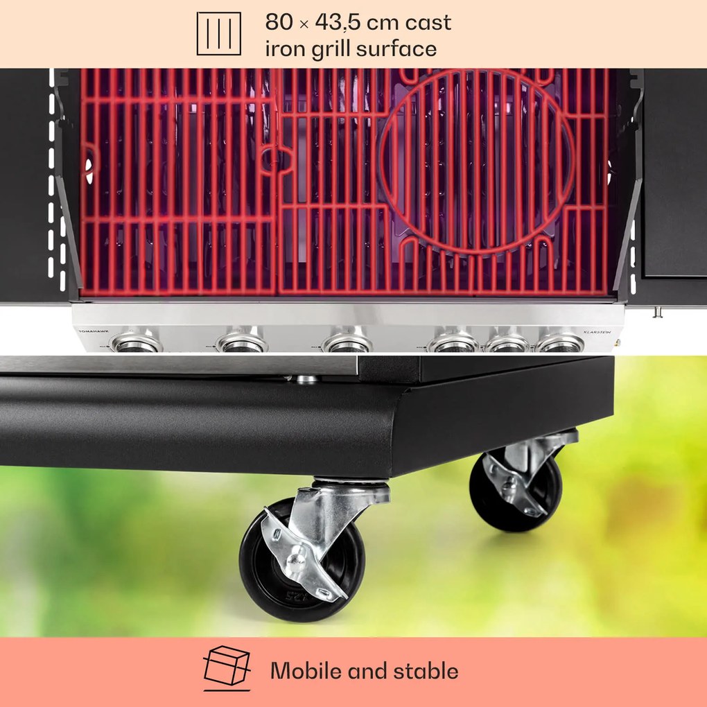 Tomahawk, gázgrill, 5 x 3,6 kW-os + 2,7 kW-os égő, 80 x 43,5 cm-es rozsdamentes acél grillsütő
