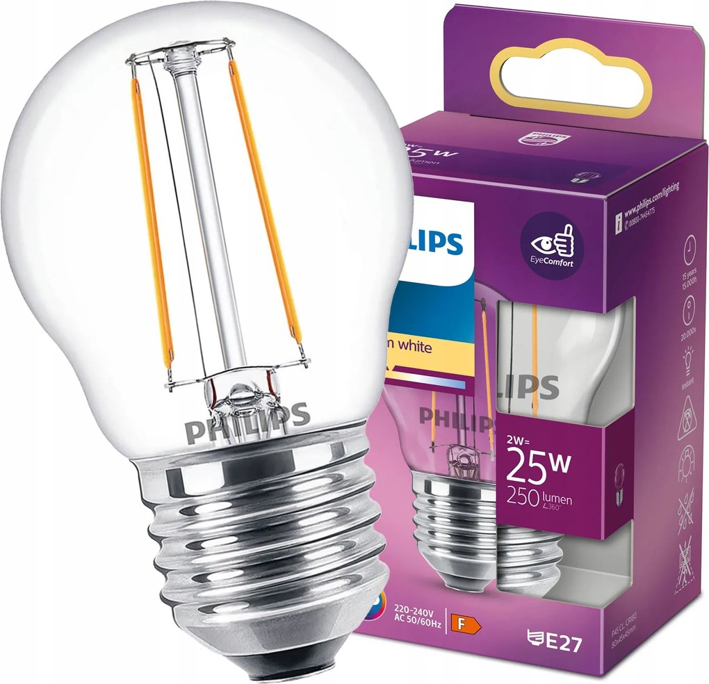 Led izzó E27 P45 2W 25W 250lm 2700K Philips