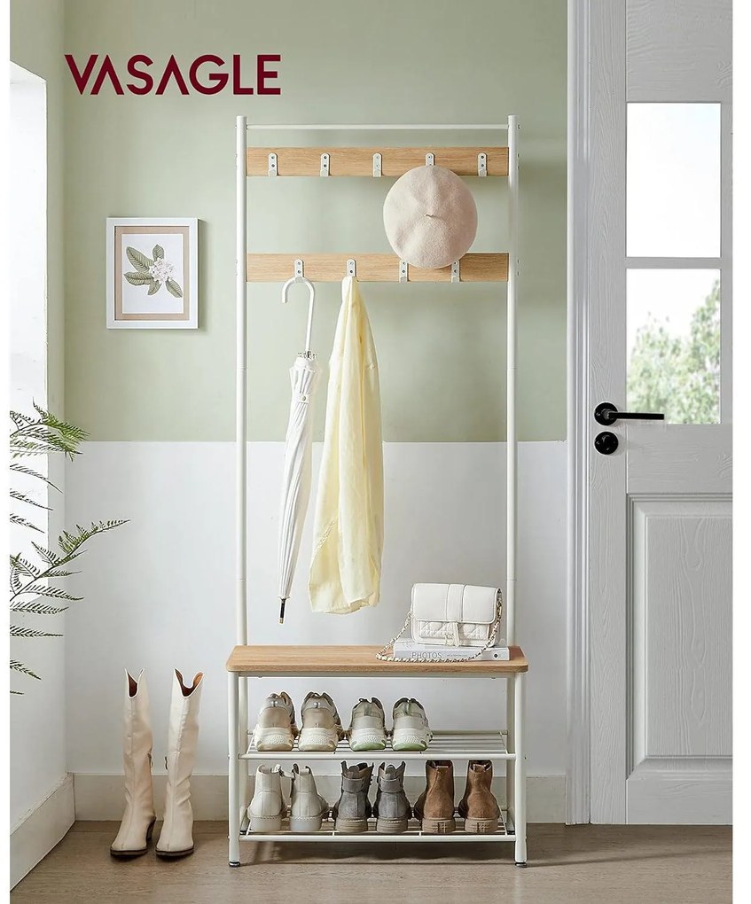 Kabáttartó cipőtároló paddal, tölgy és fehér