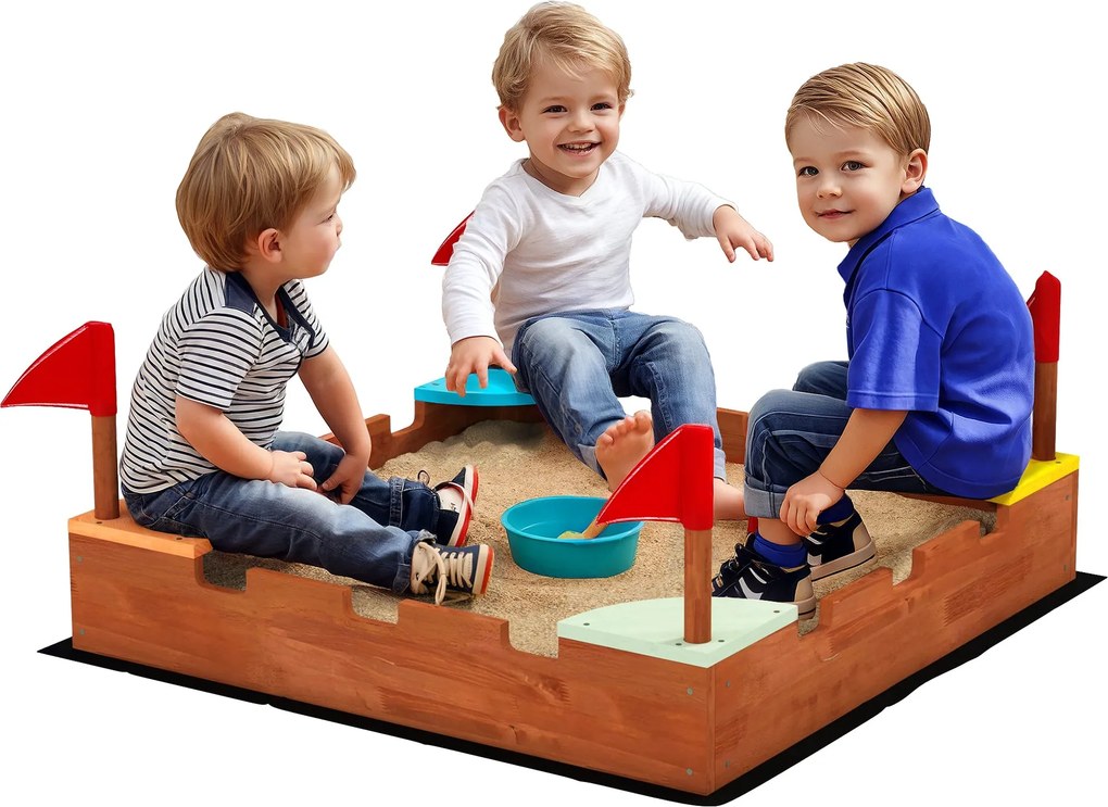 AIYAPLAY Fa Homokozó, Homokozó Gyermekeknek 3-7 Éves Korig Ülésekkel, Zászlókkal, Fal Tematikával, 90 x 90 x 17 cm, Barna | Aosom