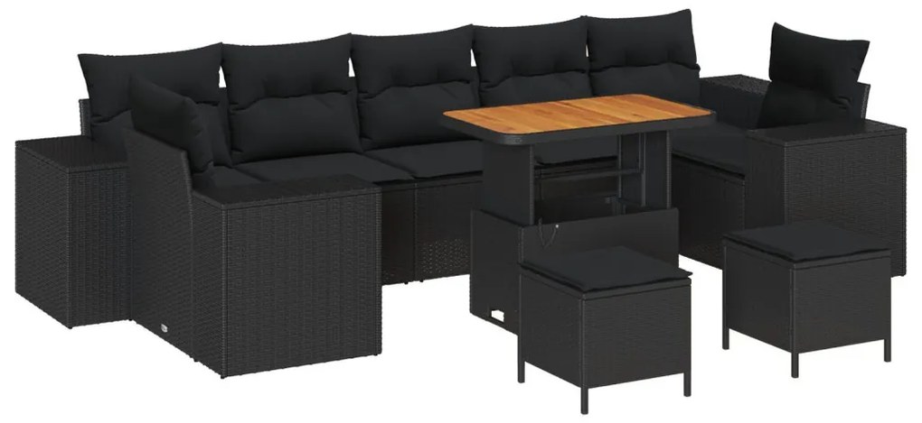 10 Darabos Kerti Sofa Szett Párnákkal, Fekete Poli Rattan Akáciával, 3 Darabos Kerti Étkező Szett Párnákkal, Fekete Poli Rattan Akáciával