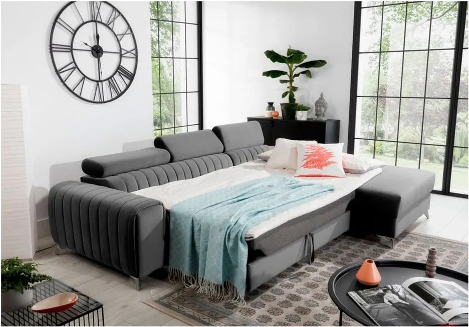 Szürke bársony kinyitható-tárolóhelyes sarokkanapé (jobb oldali-heverő résszel) Grayson – ELTAP