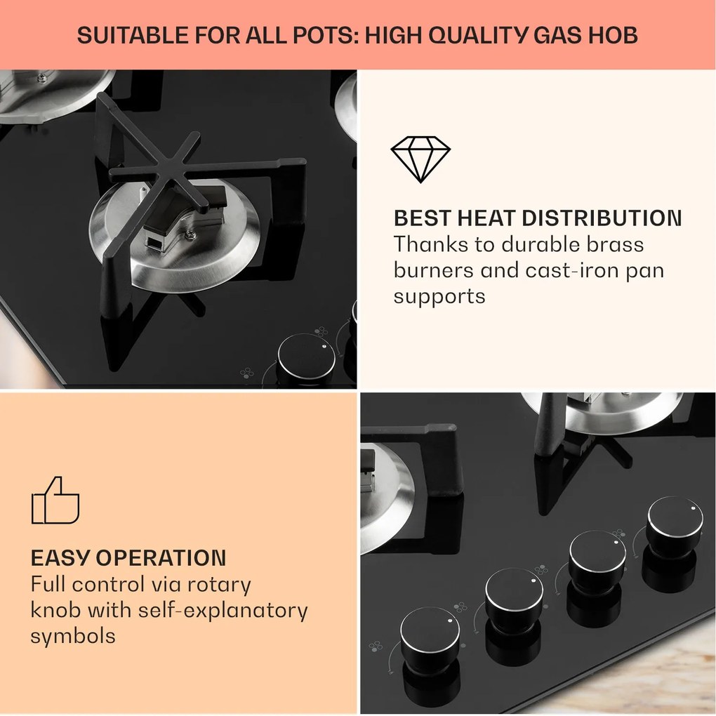 Klarstein Trifecta 4, gázfőzőlap, 4 háromszögletű égő, üvegkerámia, fekete