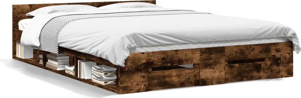 vidaXL füstös tölgy színű szerelt fa ágykeret fiókokkal 135 x 190 cm