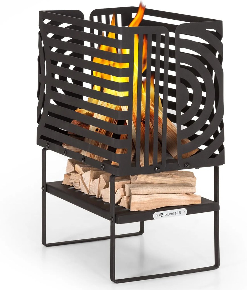 Blumfeldt Krakatoa, tűzrakóhely, tömör acél, fa tárolórekesz, lézer-vágott design