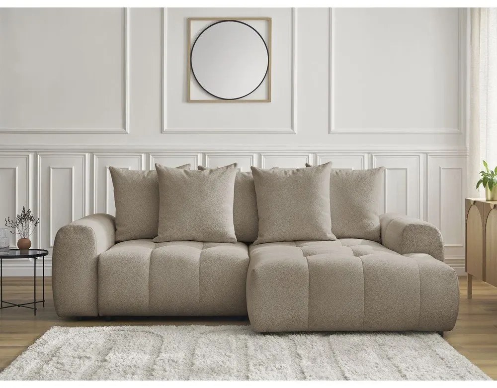 Bézs zsenília kinyitható-tárolóhelyes sarokkanapé (jobb oldali-heverő résszel) Roxelane – Bobochic Paris