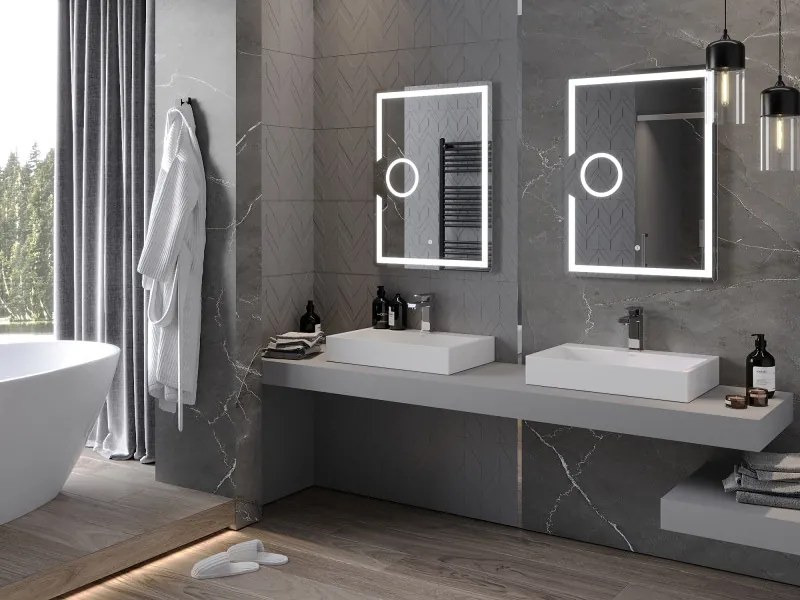 Mexen Onyx, LED fürdõszobai tükör háttérvilágítással és kozmetikai tükörrel 60x80 cm, 6000K, páramentesítõ, 9813-060-080-611-00