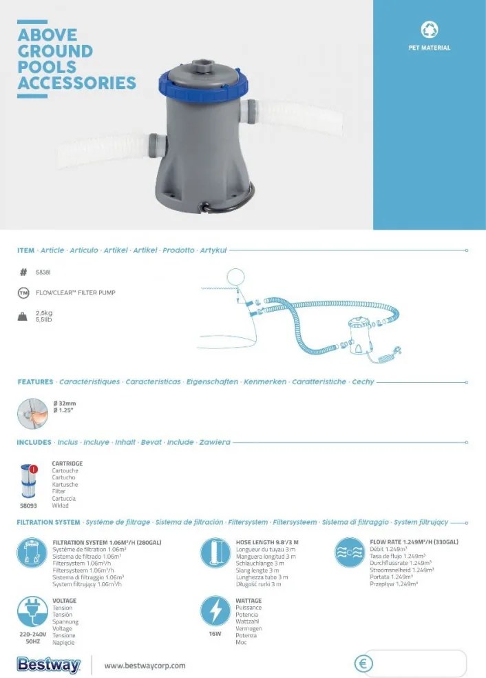 Bestway Papírszűrős vízforgató 1,5 m³/h