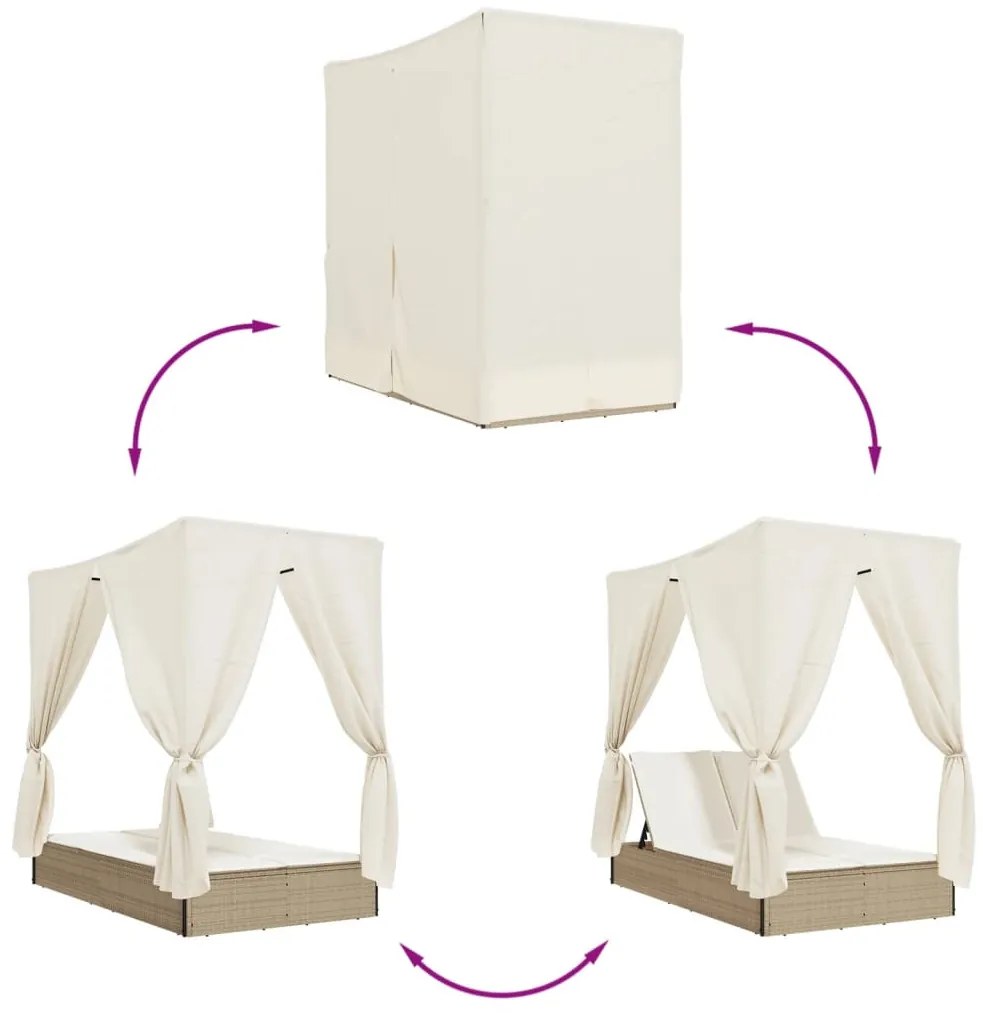 bézs polyrattan dupla napozóágy tetővel és függönyökkel