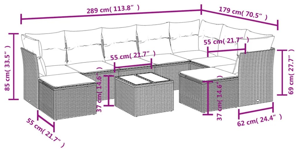 10 részes barna polyrattan kerti ülőgarnitúra párnákkal