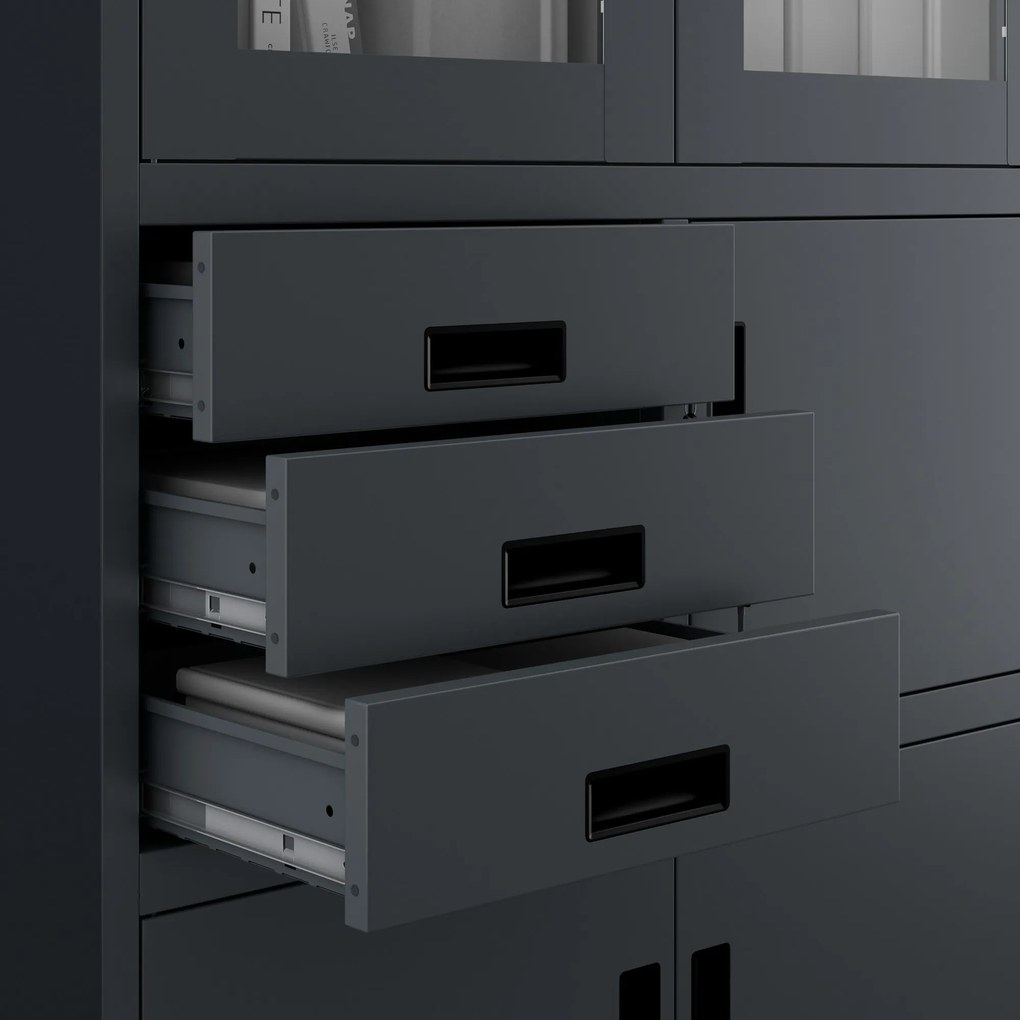 Fém iratszekrény széffel, vitrinnel és fiókokkal FILIP, 900 x 1850 x 400 mm, antracit