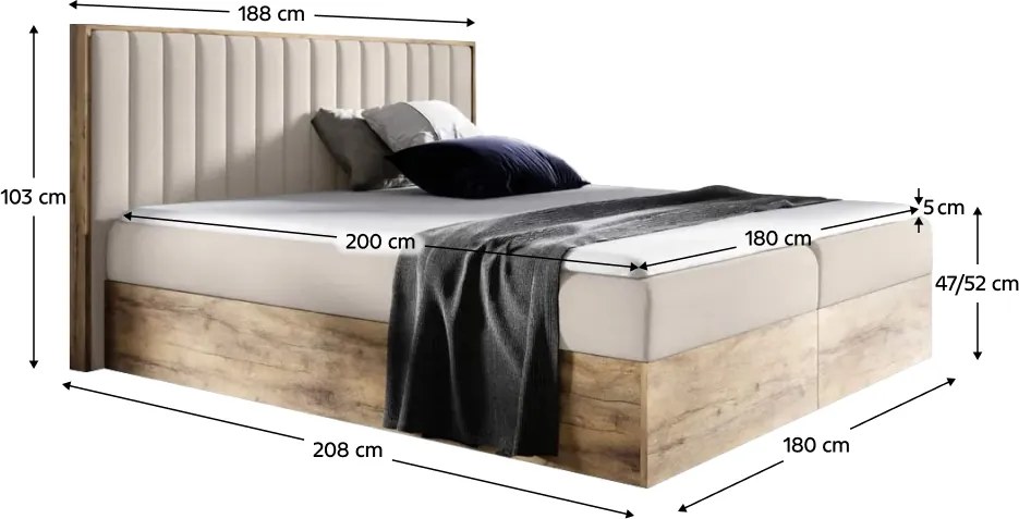 Boxspring ágy, 180x200, bézs Paros szövet/lancelot tölgy, WOOD 4