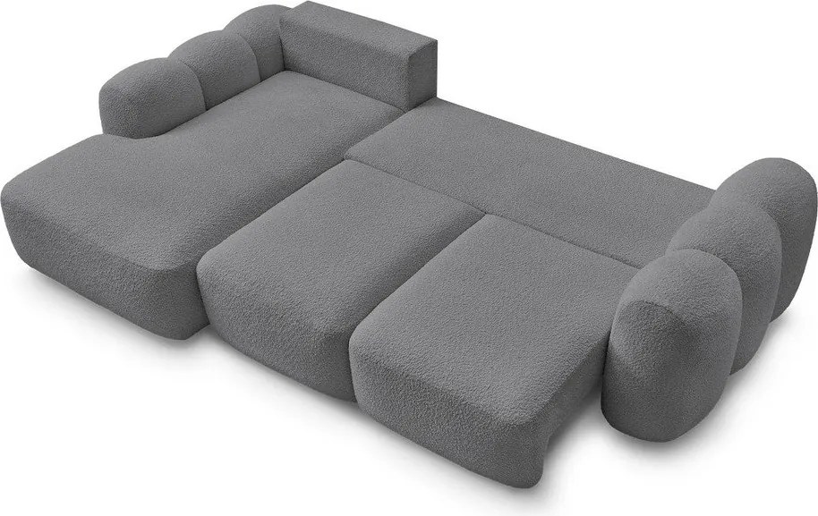 Szürke buklé kinyitható-tárolóhelyes sarokkanapé (bal oldali-heverő résszel) Montaigne – Bobochic Paris