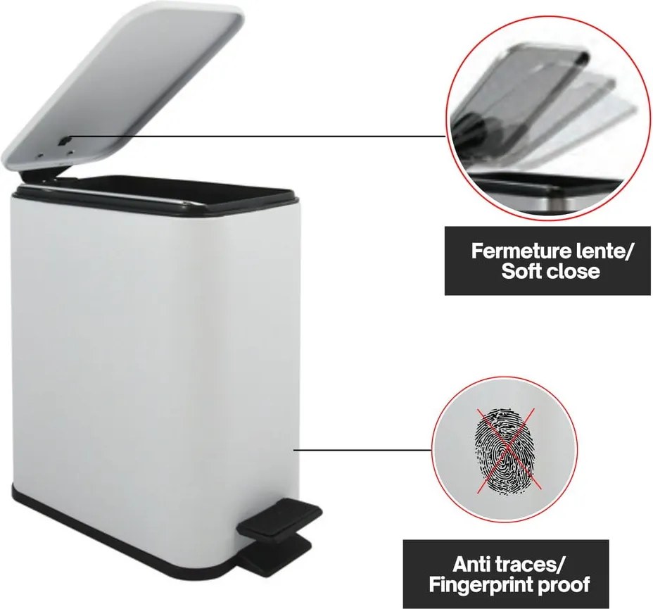 Matt fehér acél pedálos szemetes 5 l Erik – Spirella